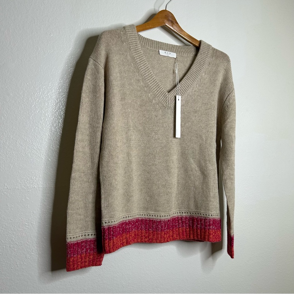 NWT 100% Cashmere Tan Pink Crochet V - Neck Tunic Oversized Sweater Size XS